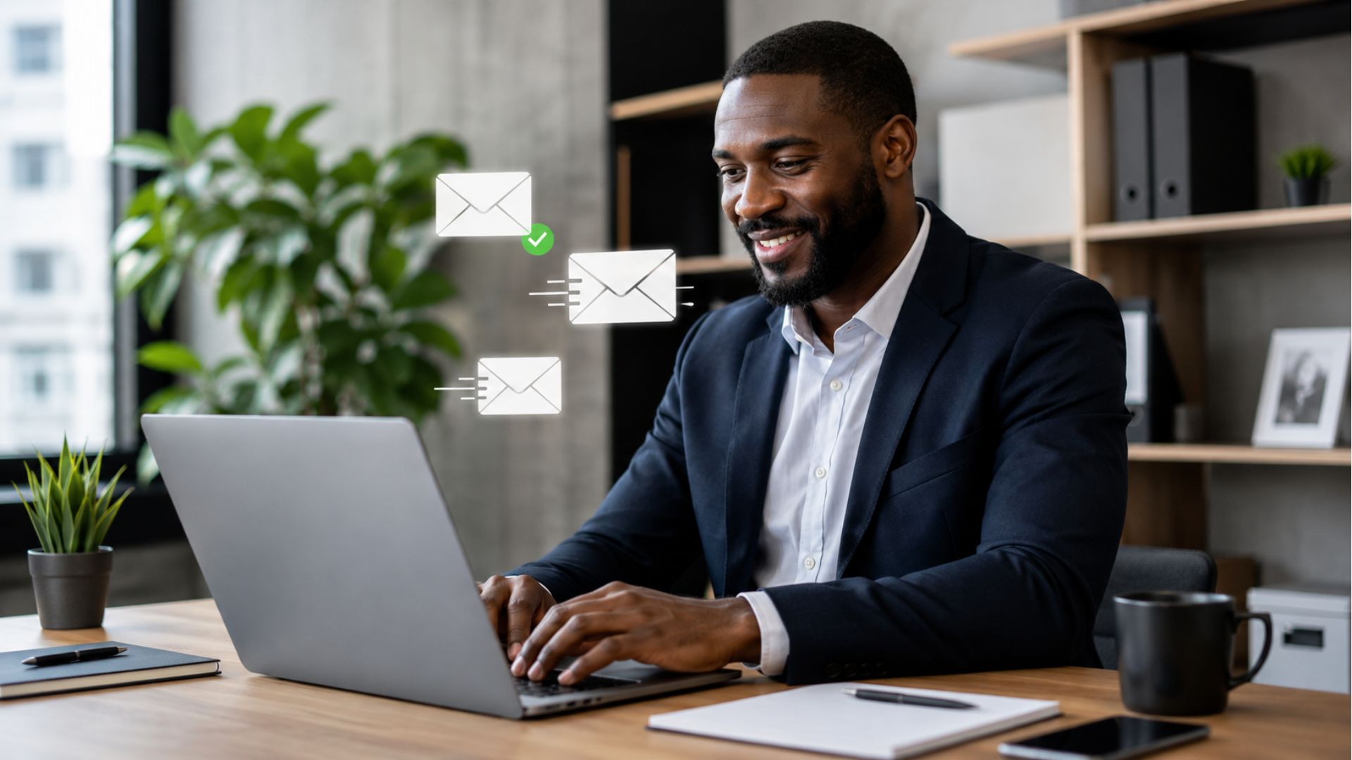 Professionnel de l’immobilier utilisant l’outil d’e-mailing Immomig® pour envoyer et gérer ses communications clients.