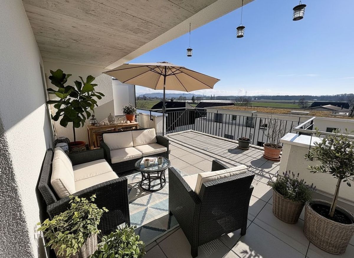 Terrasse avec mobilier d'extérieur et vue dégagée.