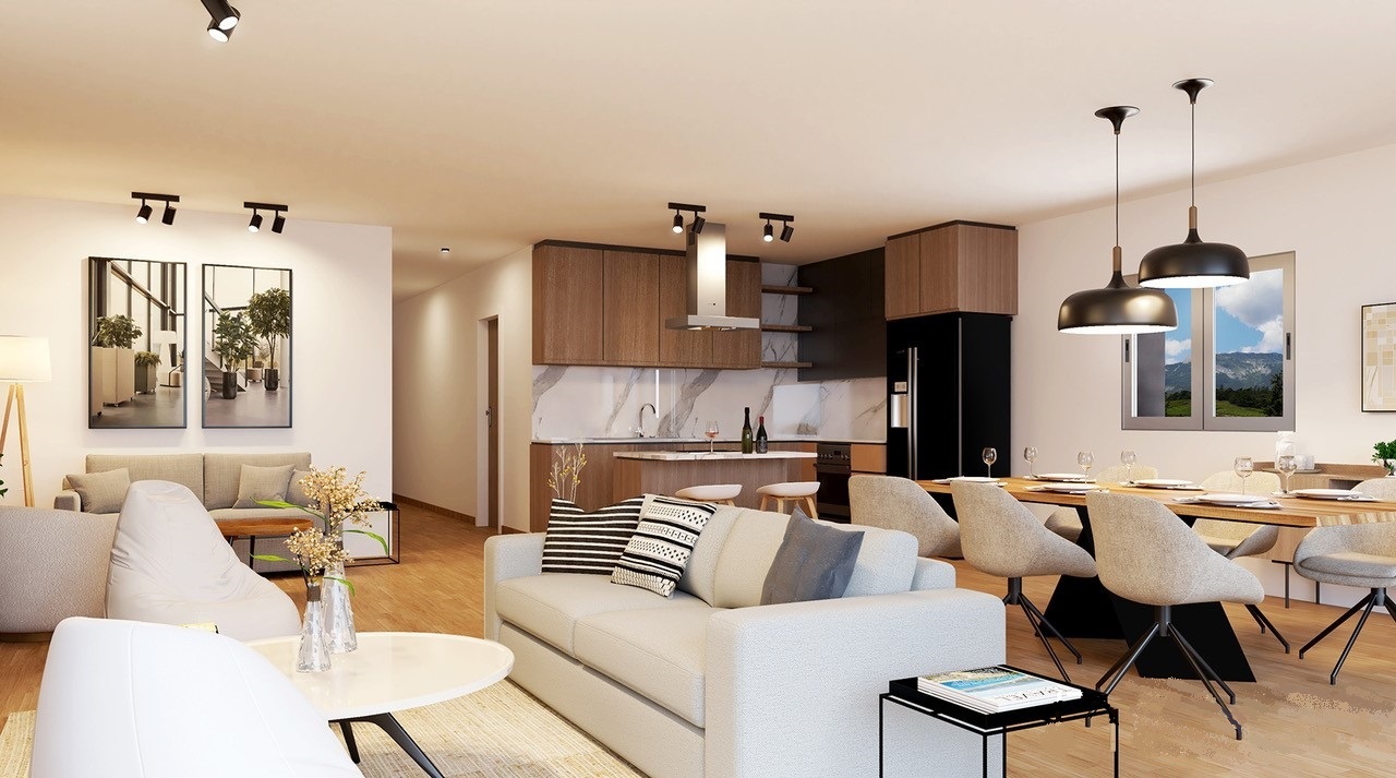 Séjour, coin à manger et cuisine