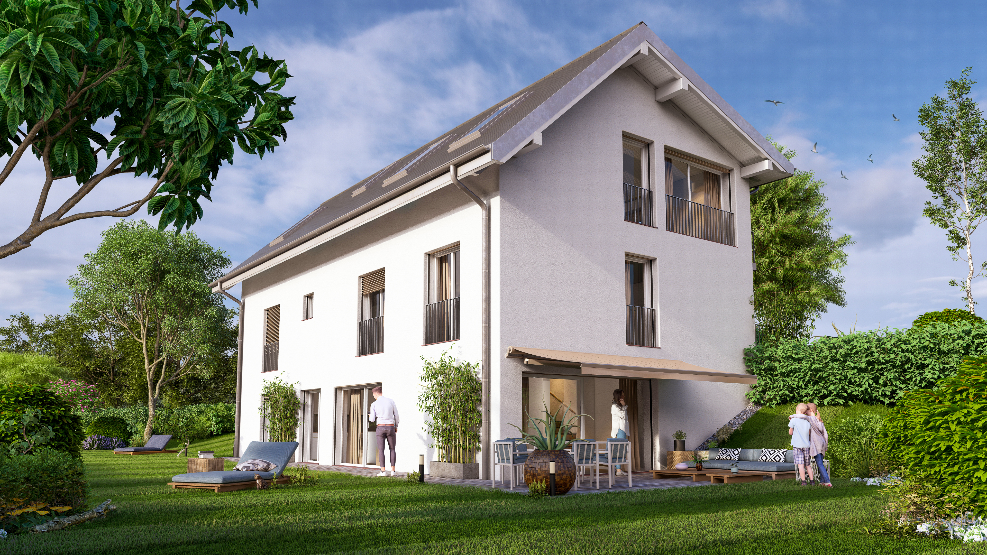 Projet immobilier avec appartements et villas jumelles à vendre au Mont-sur-Lausanne : image 3D extérieur.
