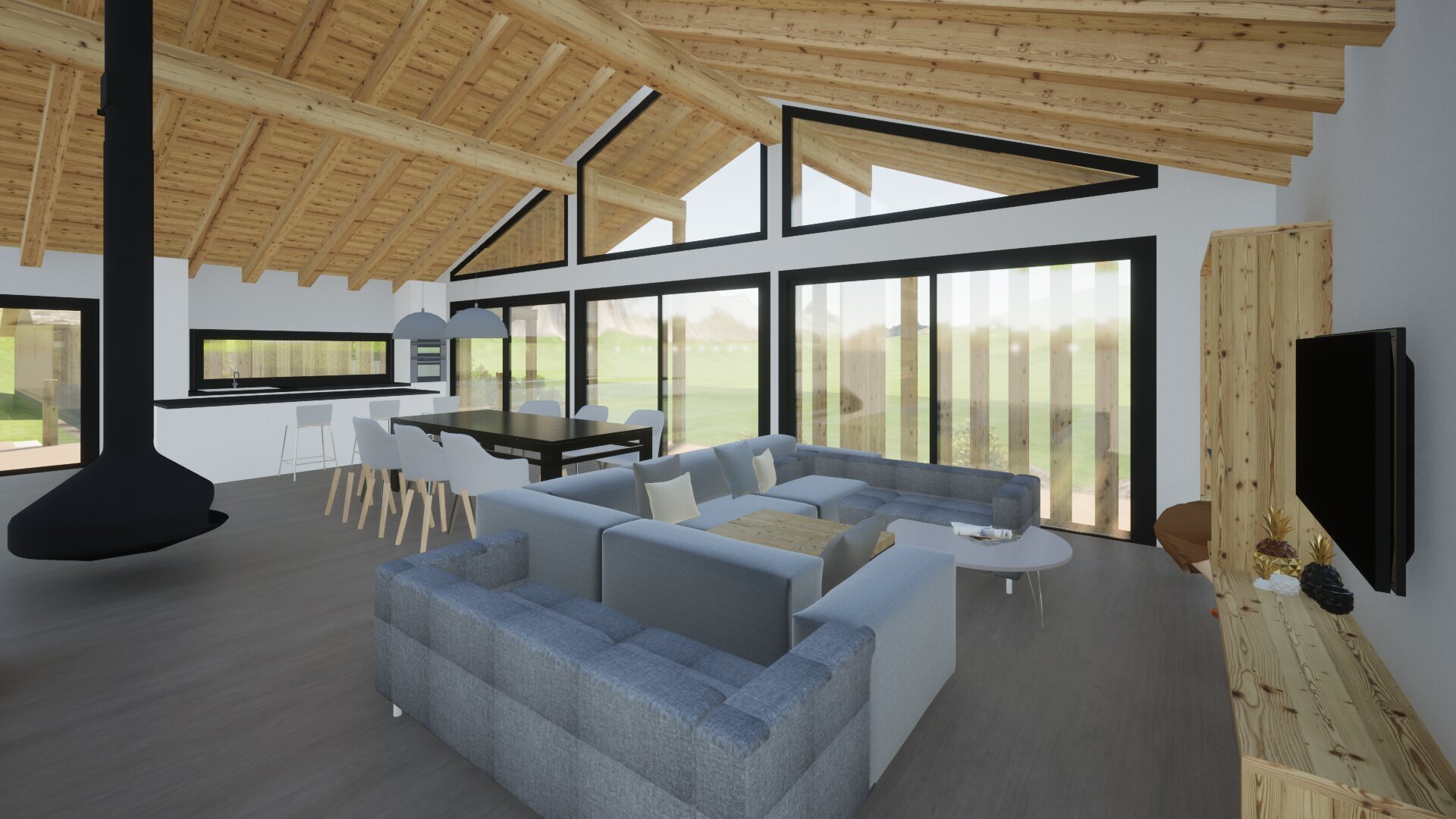 l'intérieur d'une maison moderne avec de grandes fenêtres et un plafond voûté