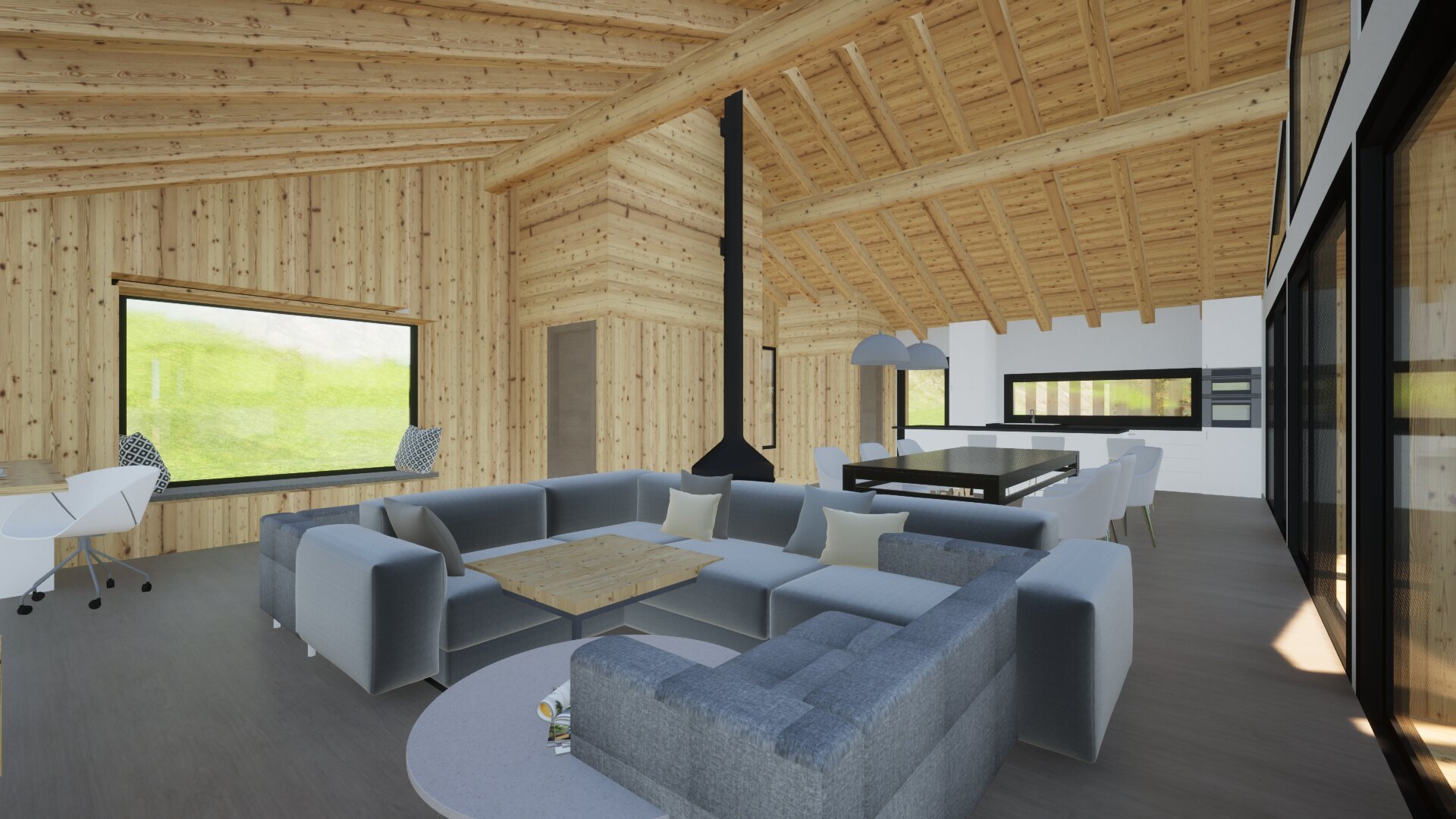 l'intérieur d'une maison moderne avec des murs et un plafond en bois et de grandes fenêtres