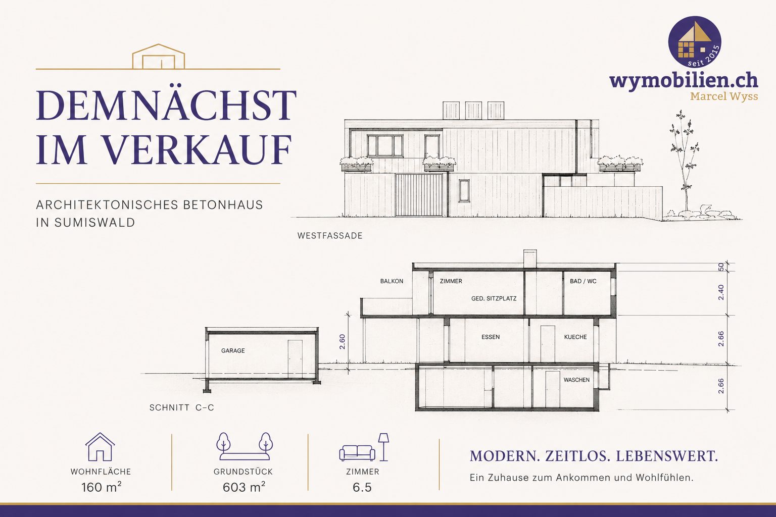 Demnächst im Verkauf: Haus in Sumiswald Architektonisches Wohnen mit Charakter – demnächst im Verkauf in Sumiswald
Schon bald dürfen wir Ihnen ein ganz besonderes Einfamilienhaus in Sumiswald präsentieren.
Dieses markante Architektenhaus aus Beton überzeugt durch seine zeitlose Architektur, grosszügige Raumaufteilung und einen idyllischen Garten. Mit rund 160 m² Wohnfläche, 6.5 Zimmern und einem 603 m² grossen Grundstück bietet die Liegenschaft viel Platz für Familien oder Menschen, die das Besondere suchen.