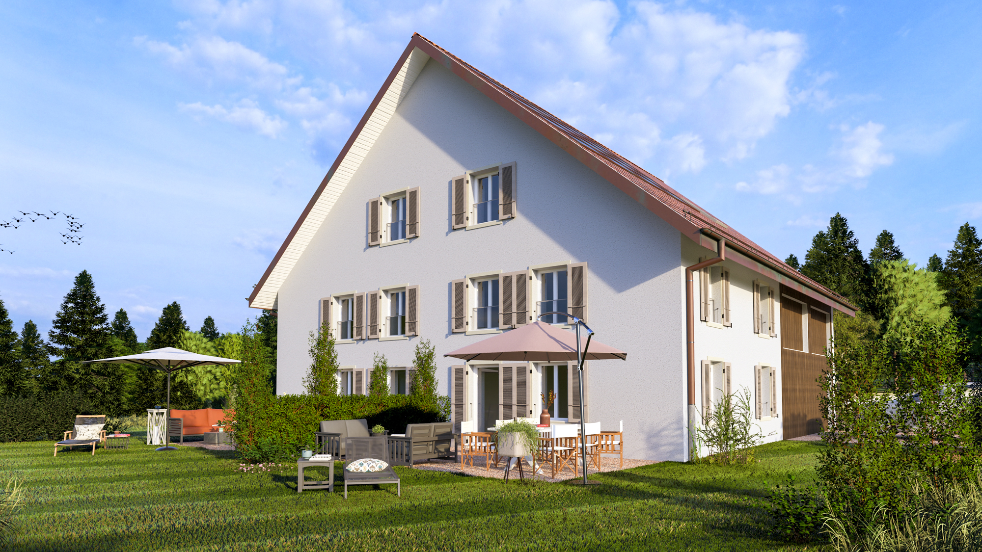 Projet immobilier à Villarimboud avec 2 maisons Domespace à vendre : l'extérieur.