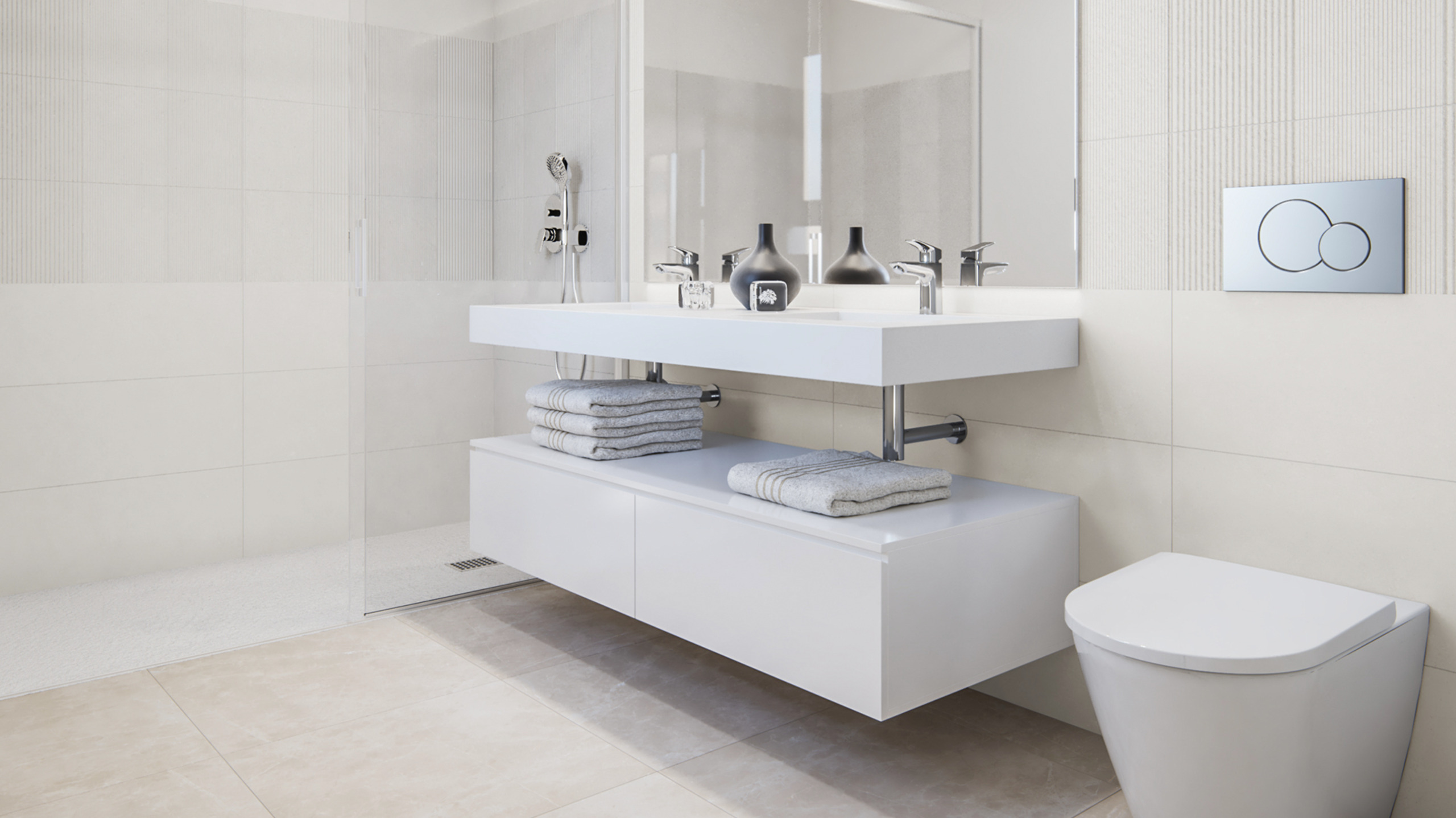 Die modern elegante Ästhetik findet sich auch in den Badezimmern. Die modern elegante Ästhetik findet sich auch in den Badezimmern.