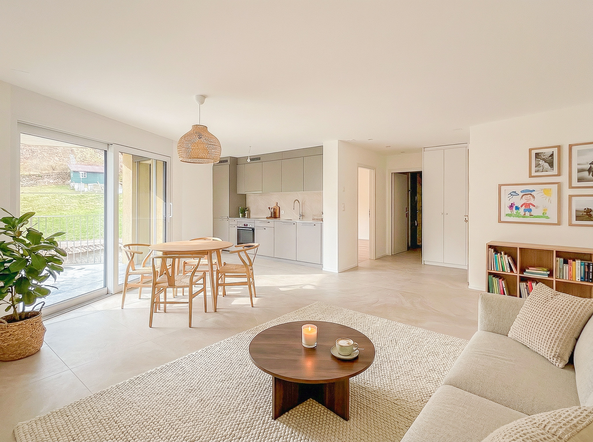 Espace salon/séjour avec portes-fenêtres donnant accès à la terrasse et au jardin privatif (image de synthèse)