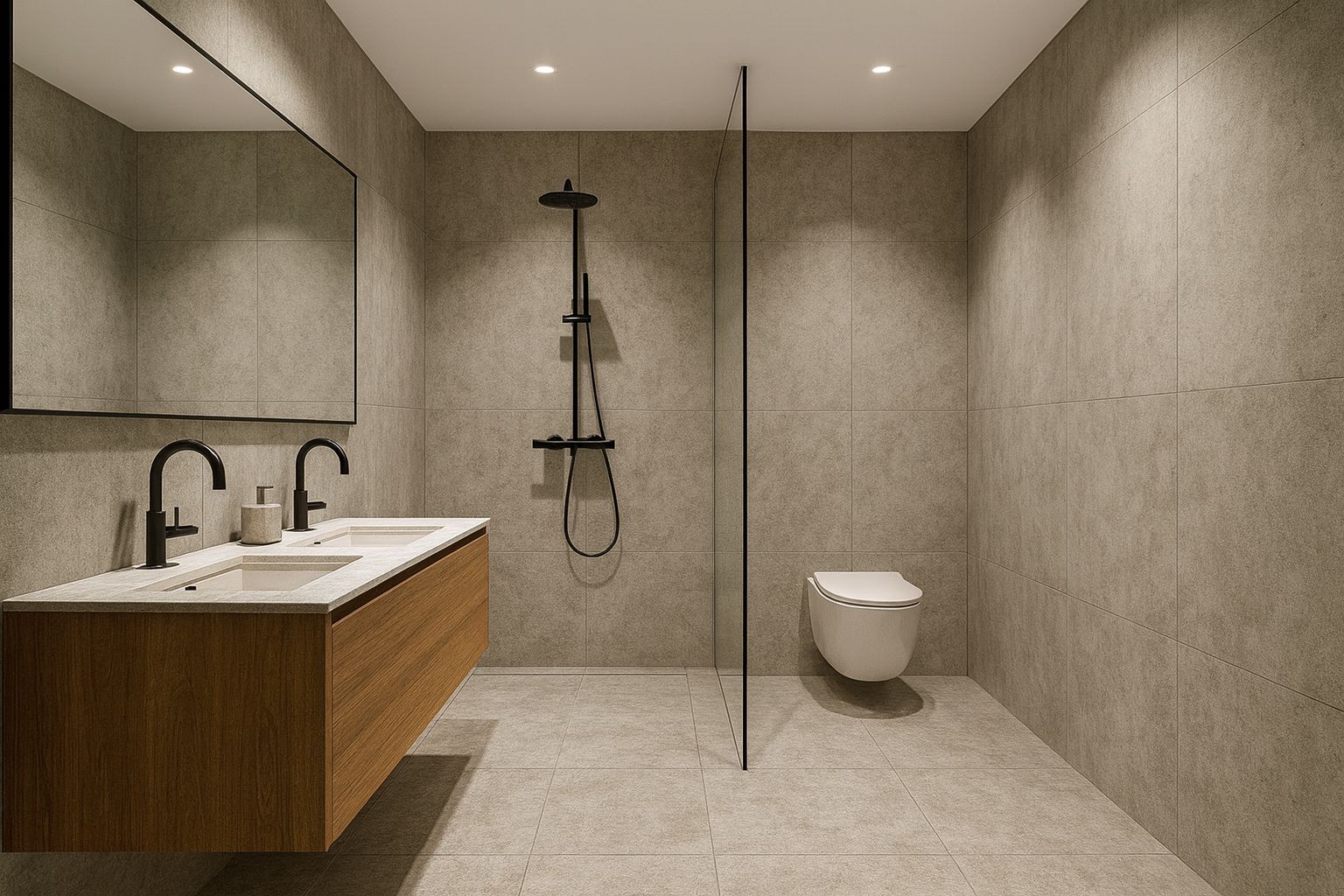 une salle de bains moderne avec toilettes, lavabo, douche et miroir