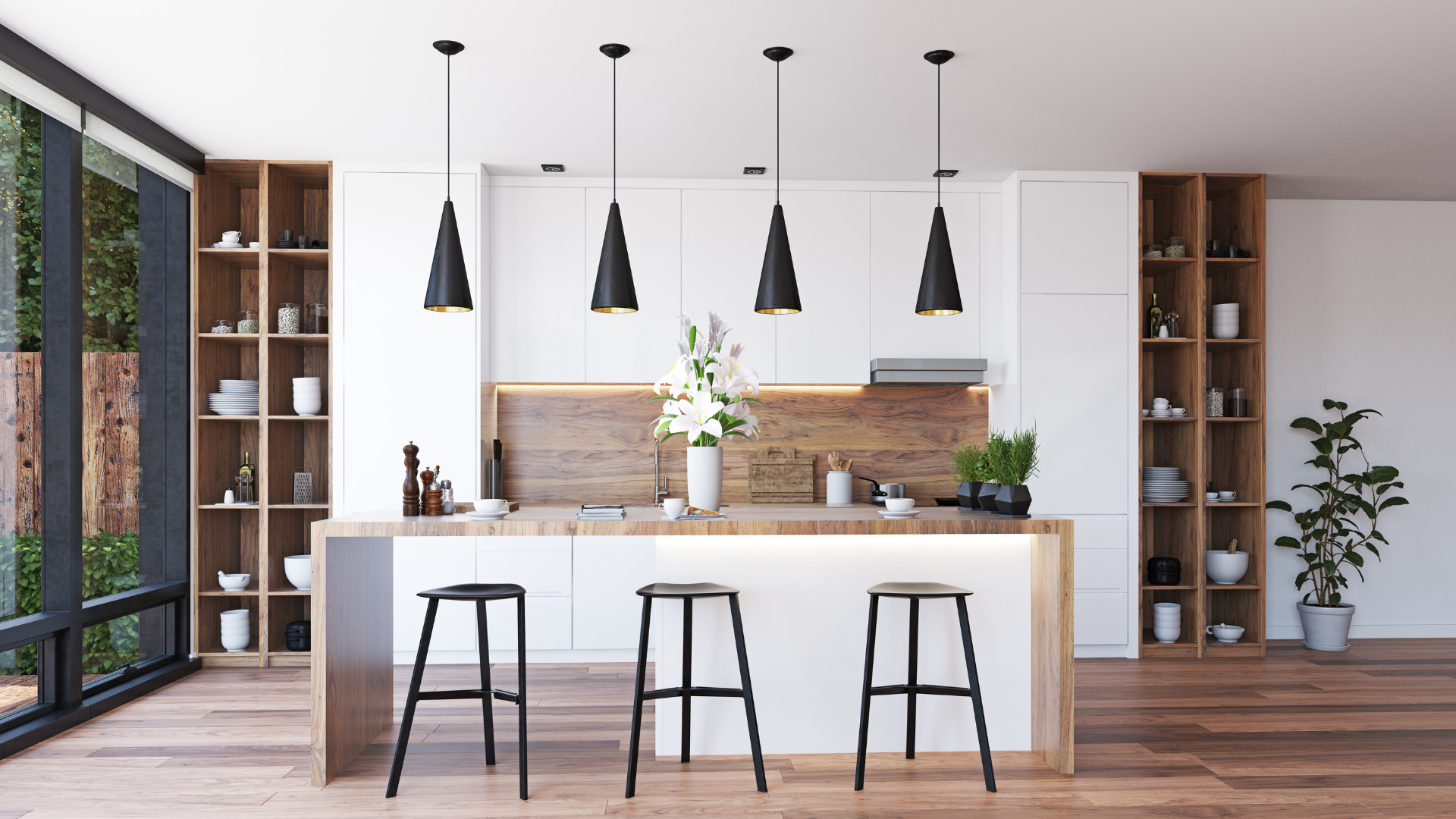 une cuisine moderne avec un bar en bois et des tabourets noirs une cuisine moderne avec un bar en bois et des tabourets noirs