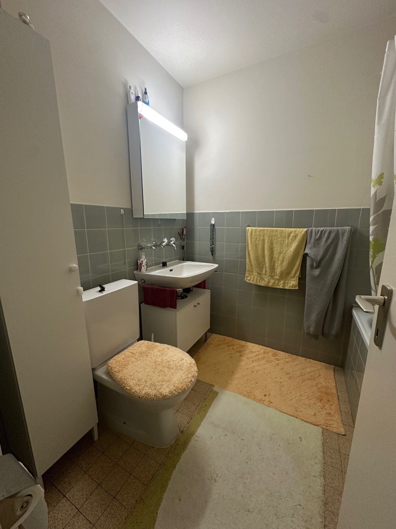 a small bathroom with a toilet, sink, mirror, rug and towels on the floor