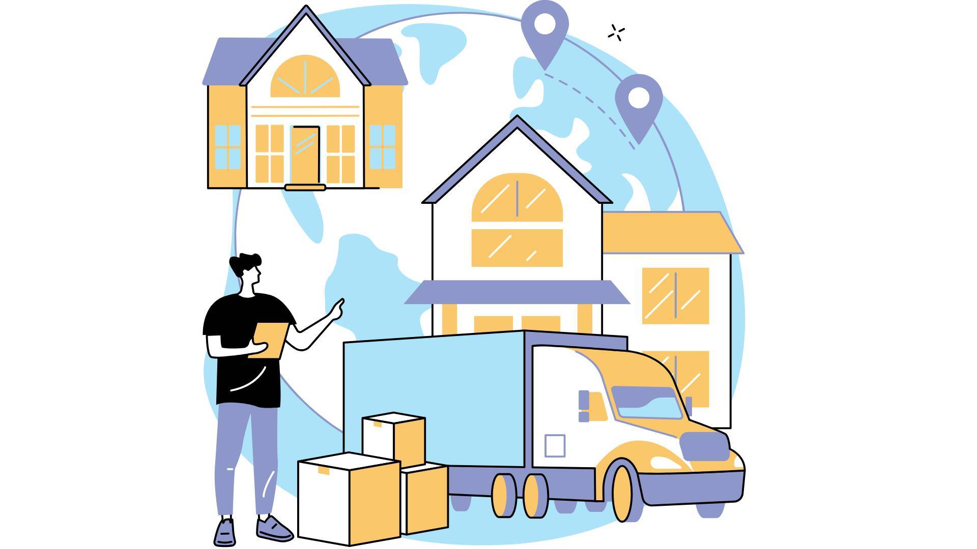 Ein Mann blättert in seinem Notizbuch vor Umzugskartons und einem Umzugswagen, um über MOVU einen Dienstleister für einen stressfreien Umzug zu buchen