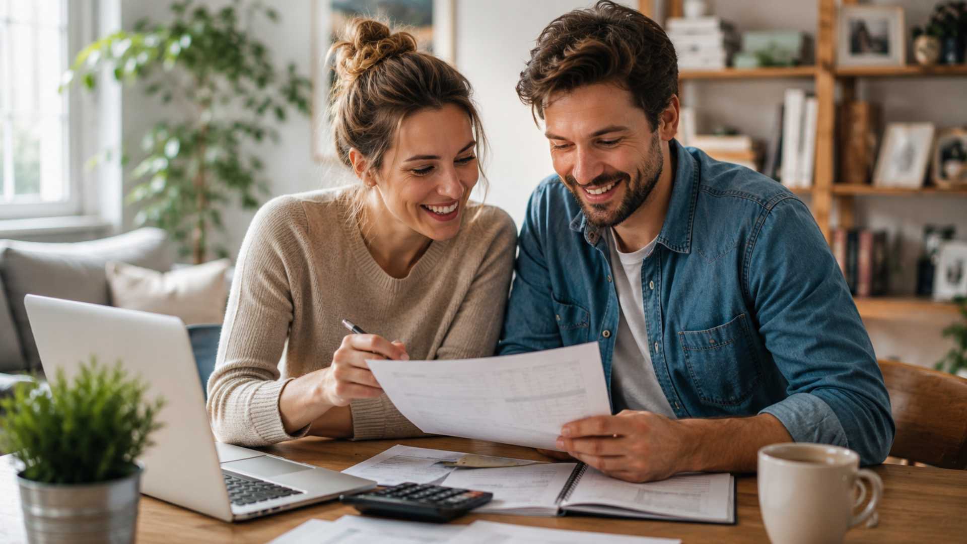 Una coppia sorridente confronta diverse strategie di finanziamento immobiliare utilizzando documenti e un computer portatile.