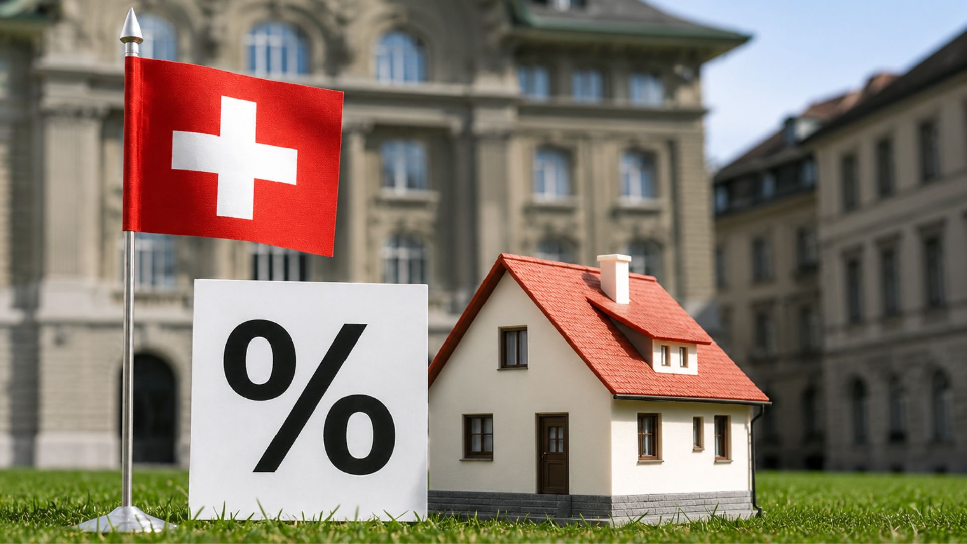 Illustration of the Swiss real estate market with a house, Swiss flag and 0% interest rate symbol representing the SNB key interest rate cut to 0%.