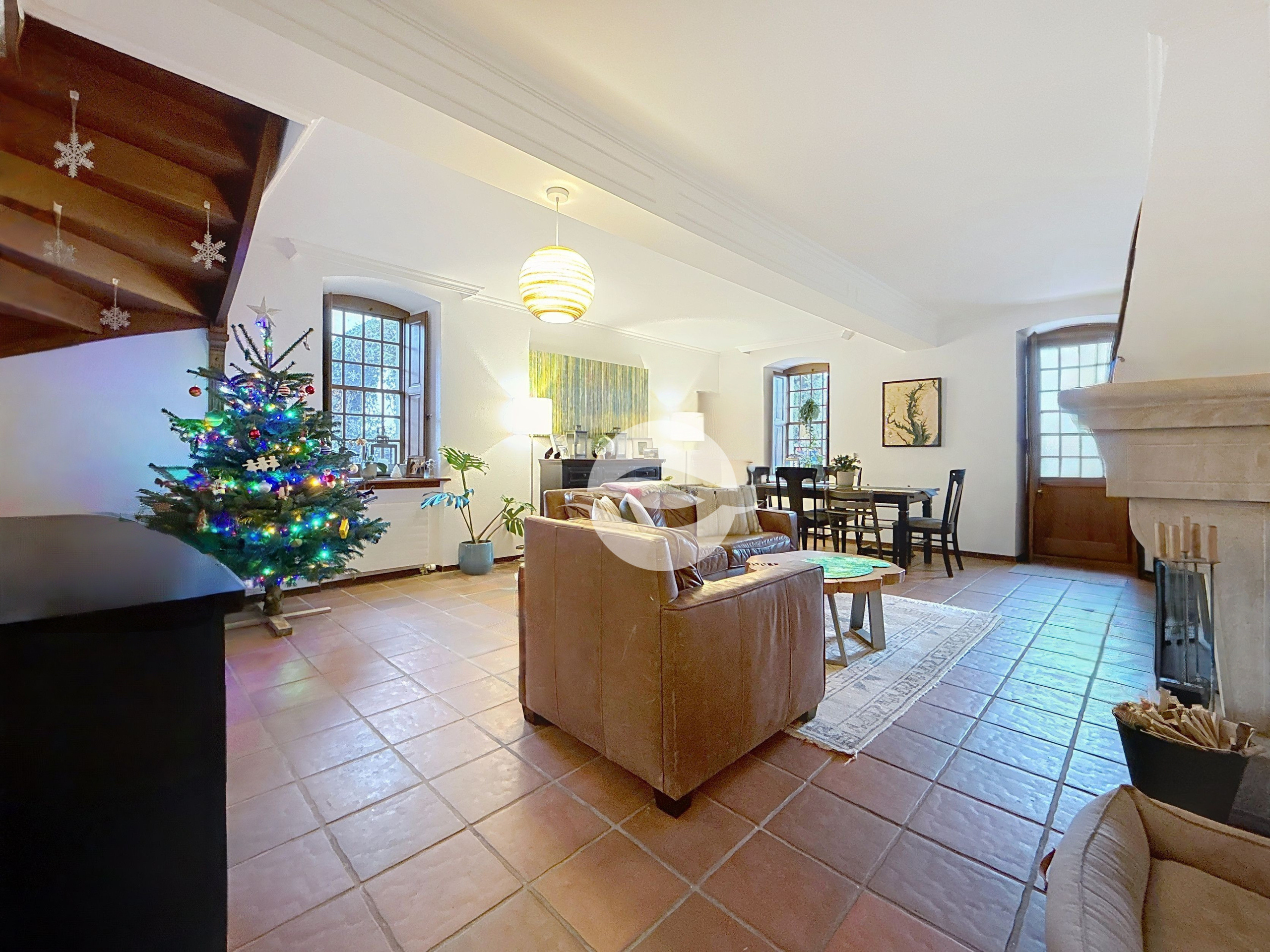 Pièce de vie avec cheminée et accès extérieur