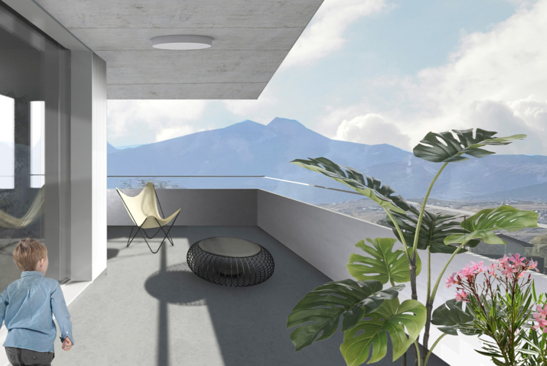 perspective du grand balcon d'angle de 42,5 m2
