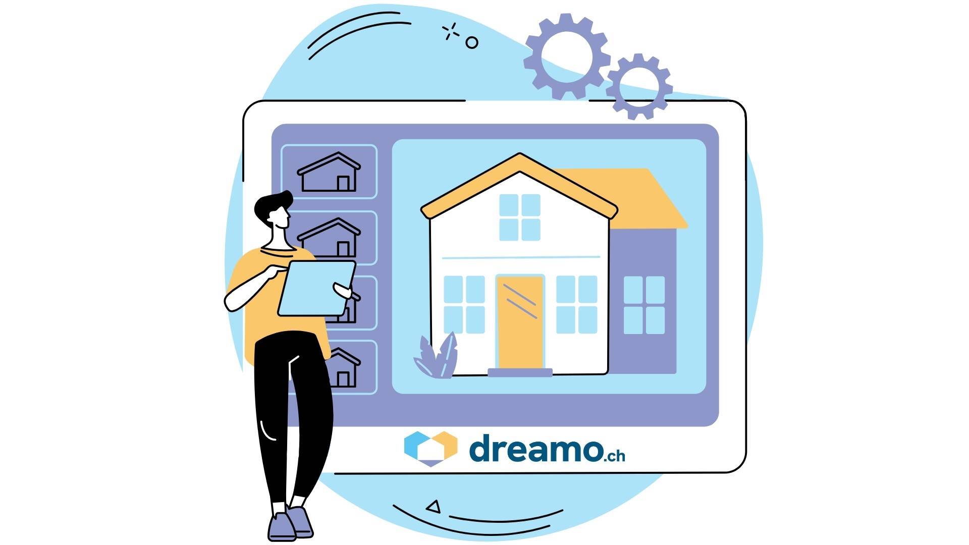 Illustration einer digitalen Immobilienplattform, die ein Haus zeigt und die Suche nach Immobilien auf der Schweizer Immobilienplattform dreamo.ch symbolisiert
