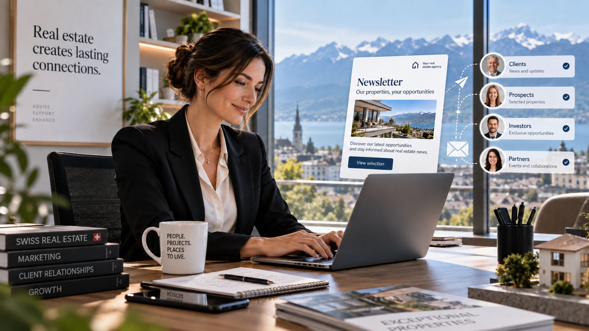 Real estate professional creating a targeted newsletter for a contact database of clients, prospects and investors.
