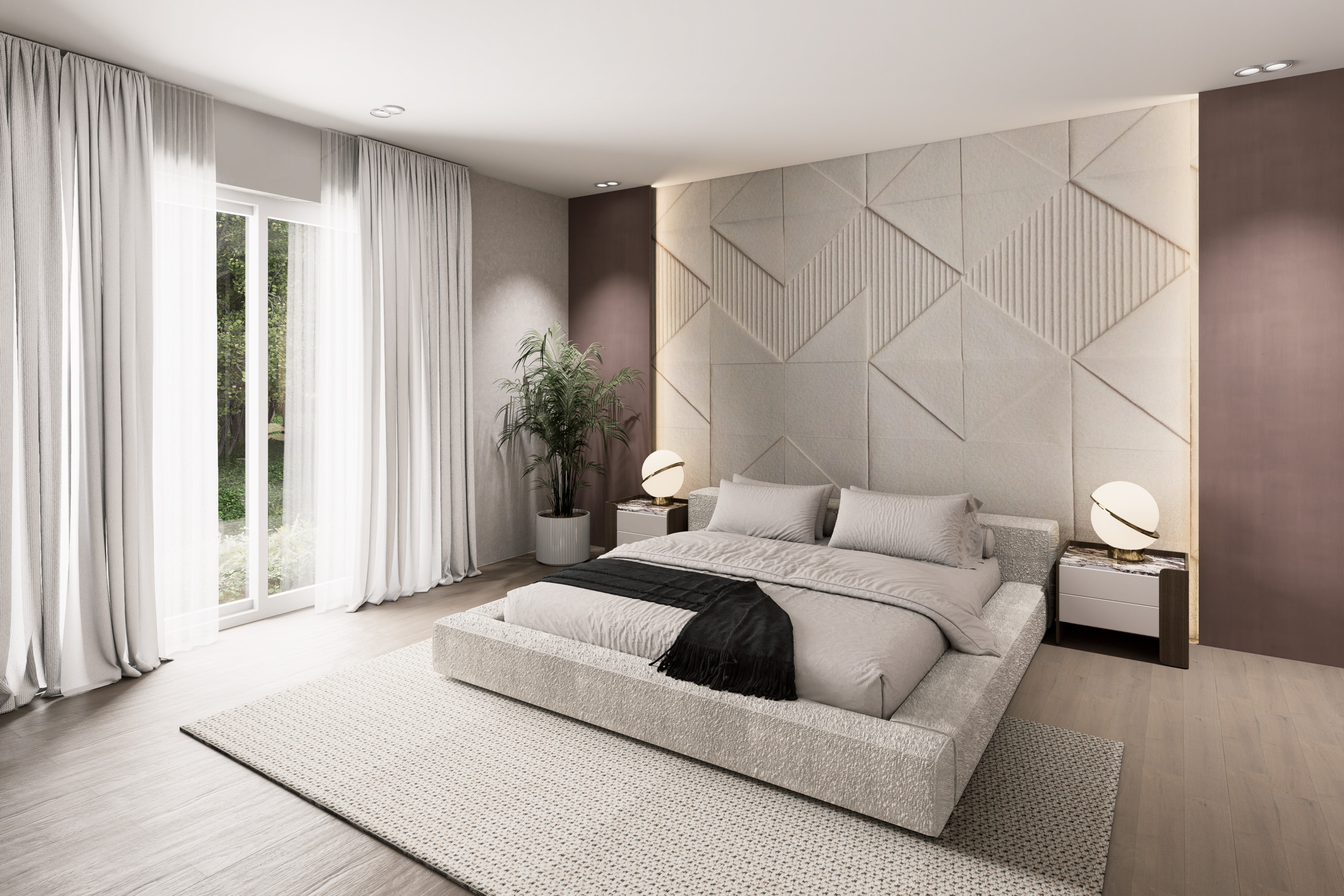 une chambre à coucher moderne avec des murs blancs et de grandes fenêtres