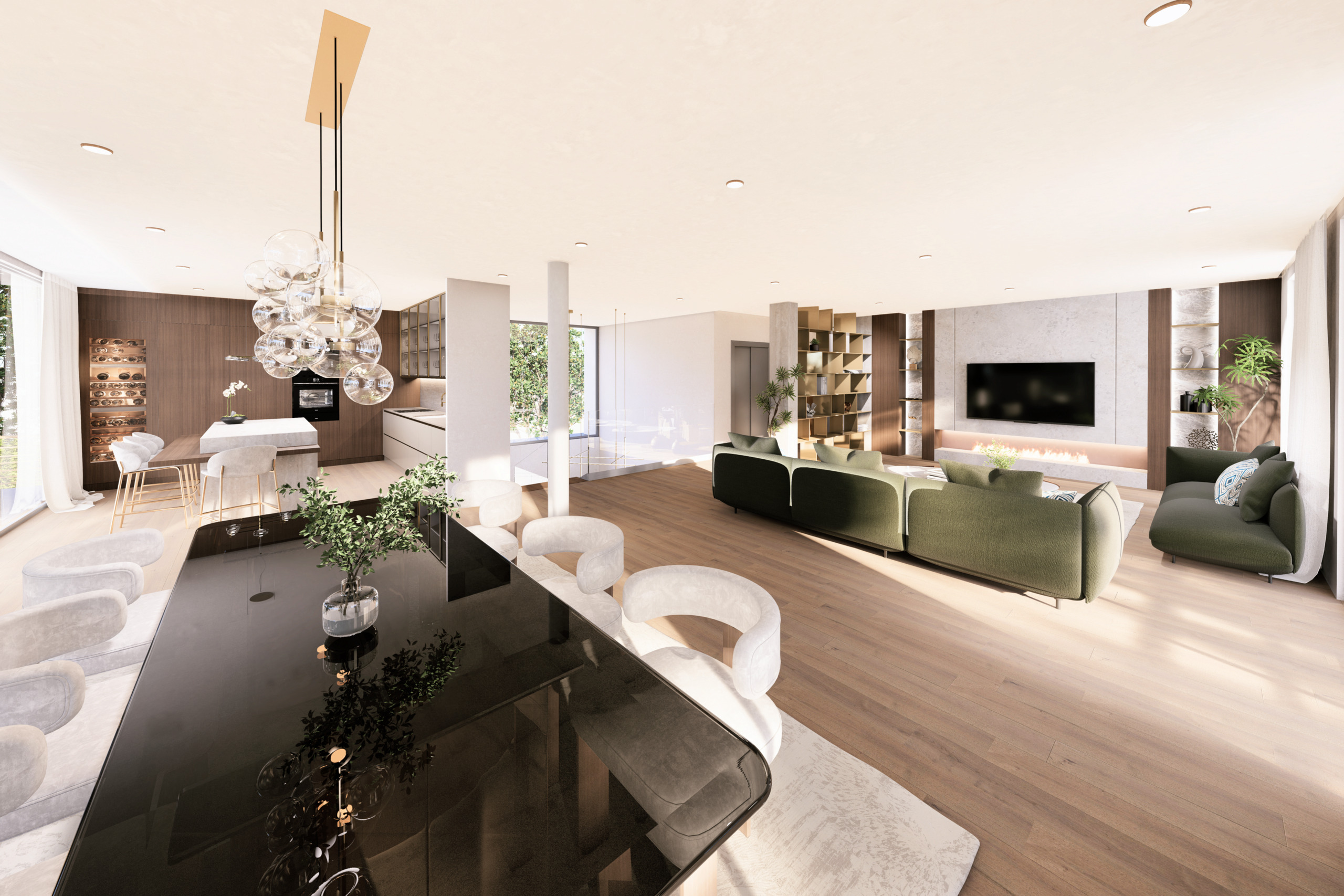 un grand salon et une cuisine avec des meubles blancs et des chaises vertes