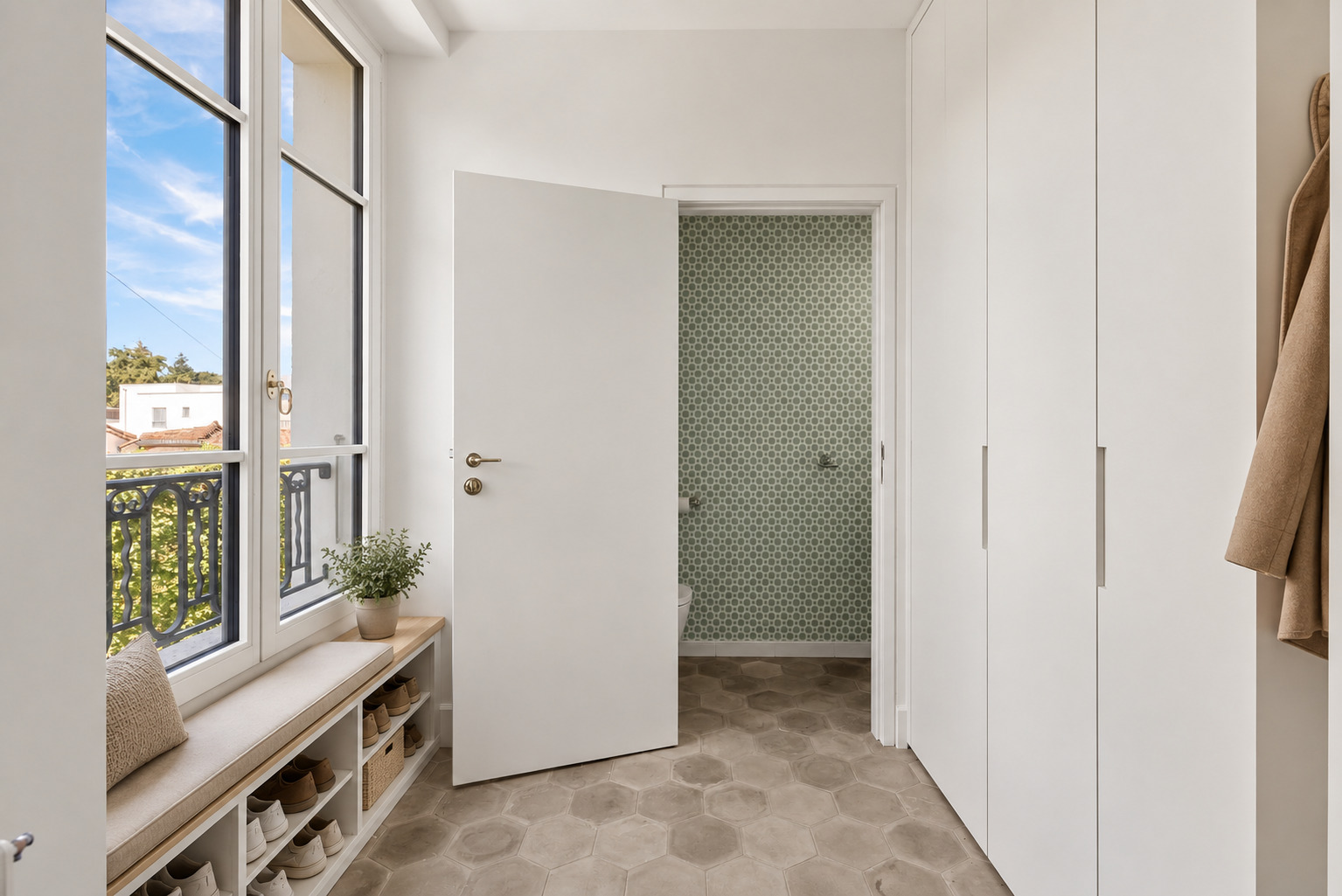 Pièce de rangement au rez avec armoires et wc invités