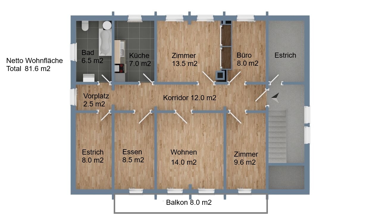 Dachgeschoss (Balkon 8.0 m2)