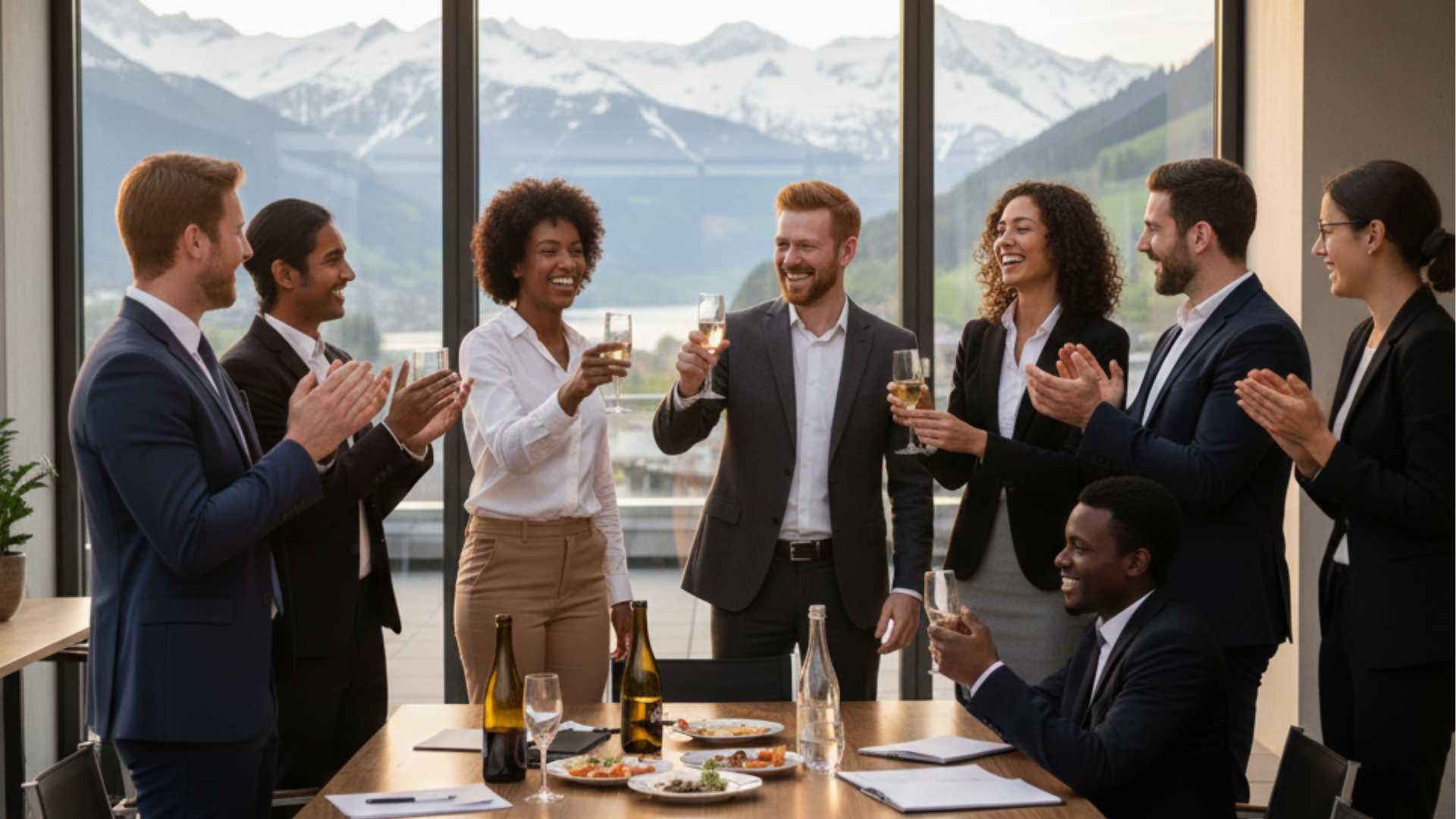 Real estate professionals celebrating the 2025 highlights of dreamo.ch at an event in Switzerland.