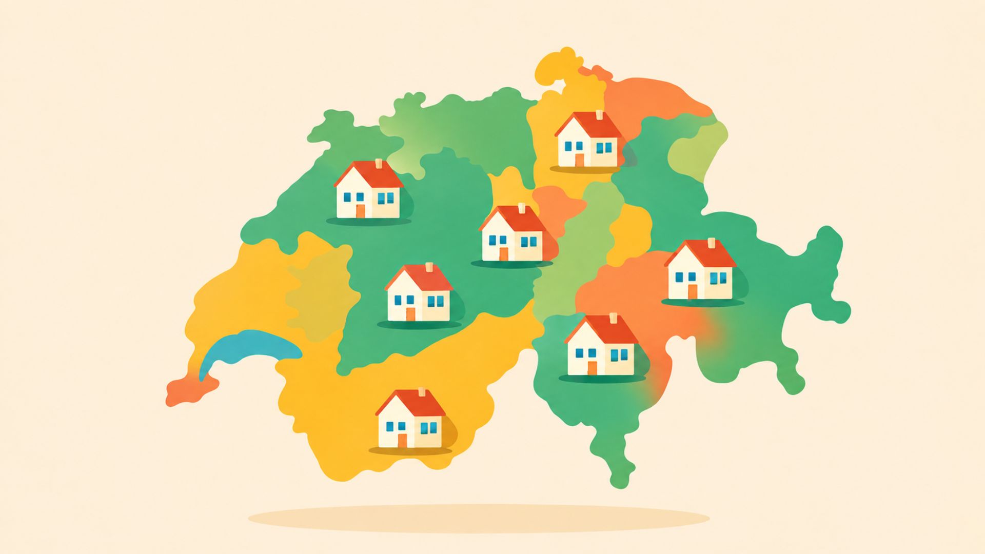 Illustrated map of Switzerland with houses representing regional property price trends and the outlook for the Swiss real estate market in 2026.