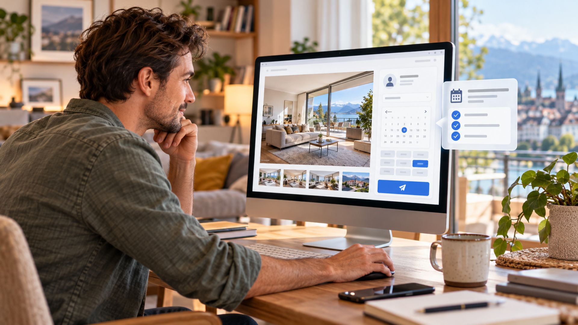 Ein Immobilieninteressent wählt zu Hause am Computer seine verfügbaren Termine für eine Wohnungsbesichtigung über die Website einer Immobilienagentur aus.