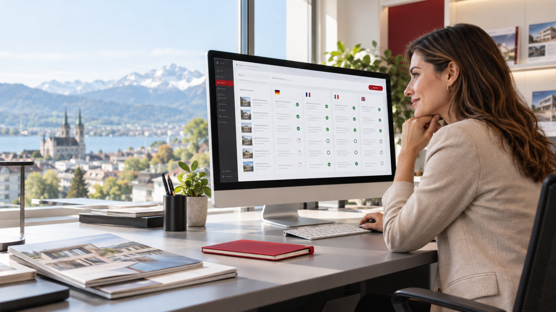 Immobilienfachfrau prüft an einem Monitor eine mehrsprachige CMS-Seite mit Sprachspalten und Übersetzungsfortschritt in einem hellen Büro.