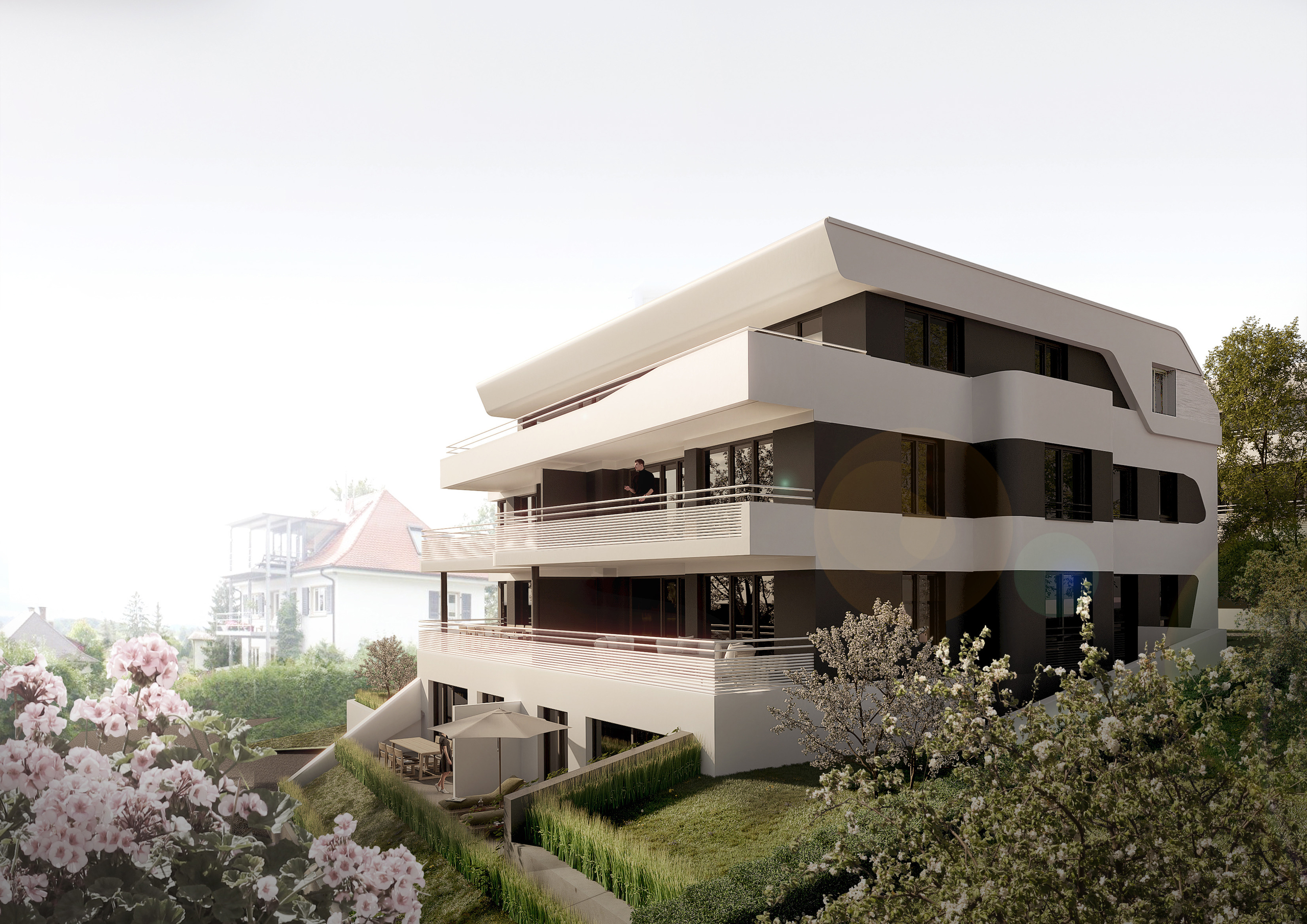 Die architektonische Besonderheit der Baukörper liegt nicht nur in der Ausrichtung der Baukörper mit Blick zum Bodensee.