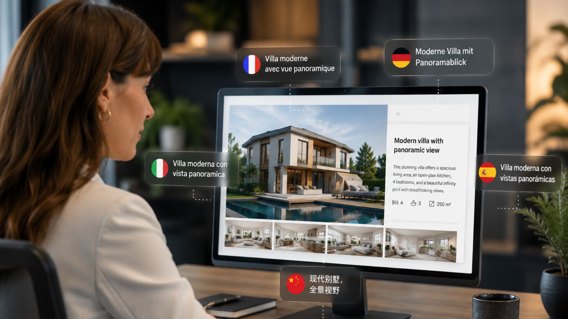 Multilingual property listing displayed on a screen, illustrating automatic translation and international real estate distribution with SwissMLS.