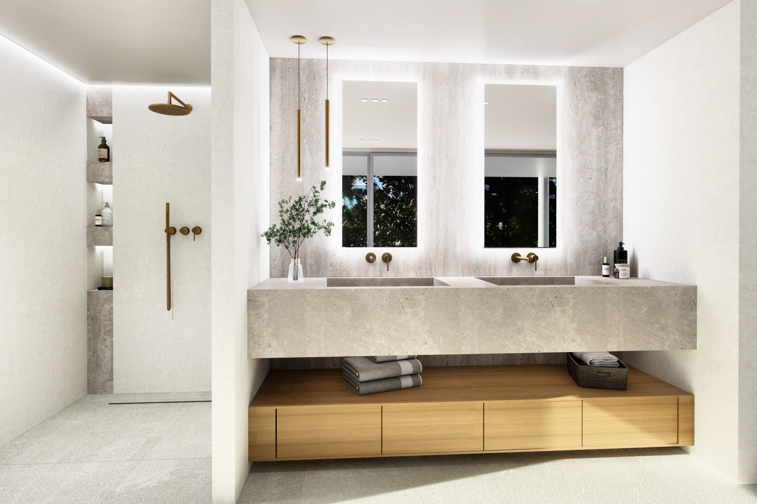 une salle de bains moderne avec deux lavabos et un grand miroir