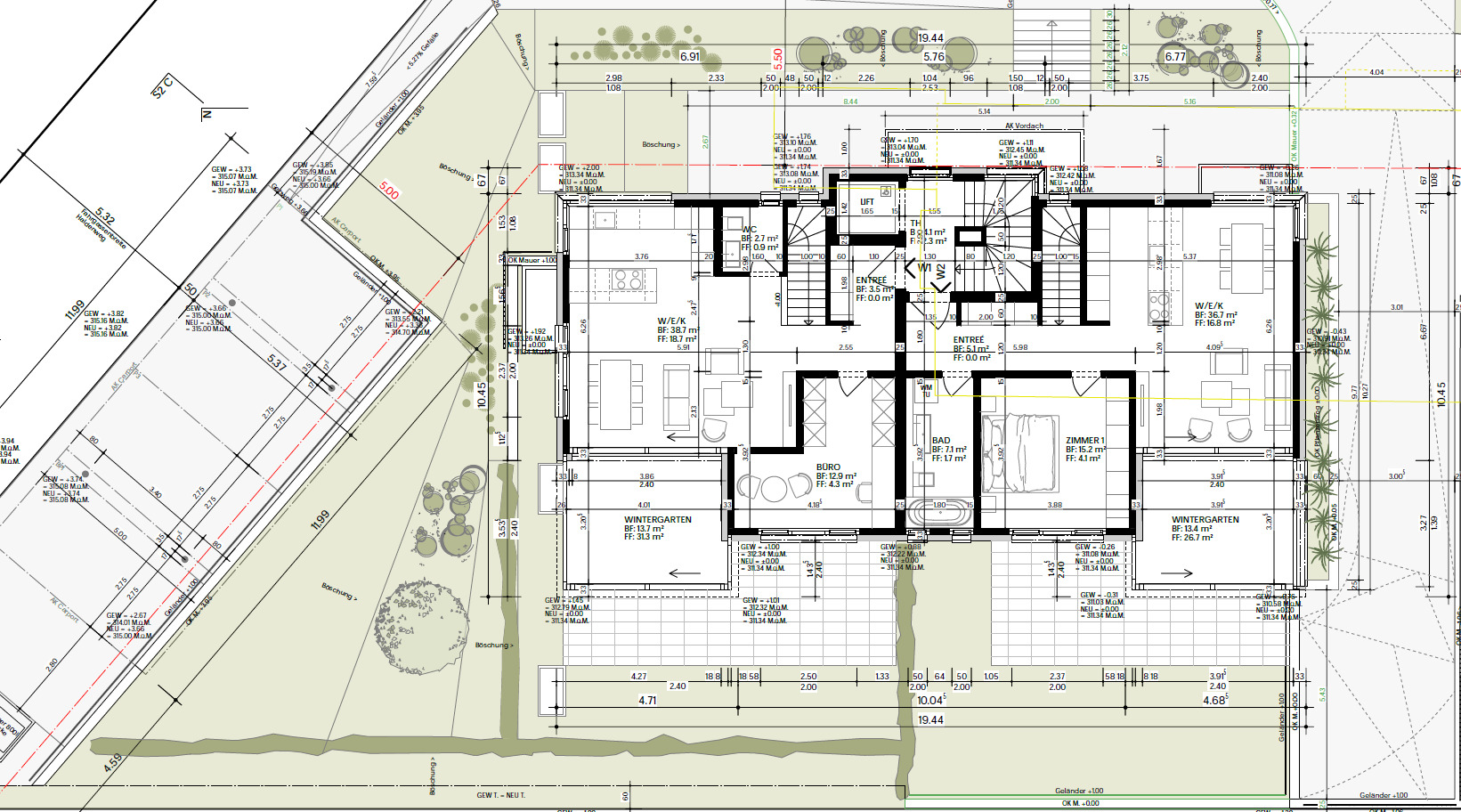 Grundriss Gartenbereich W1 und W2