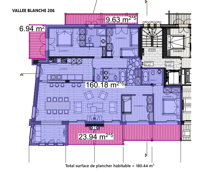 Plan surface de vente / VALLEE BLANCHE 206 TOTAL 180.44m2