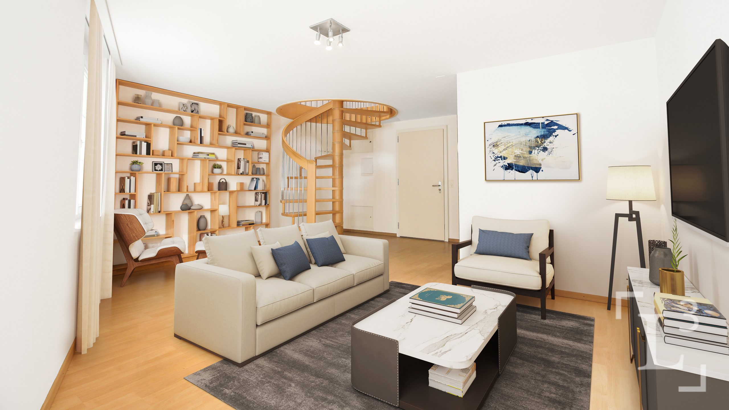 Living room with library or study area