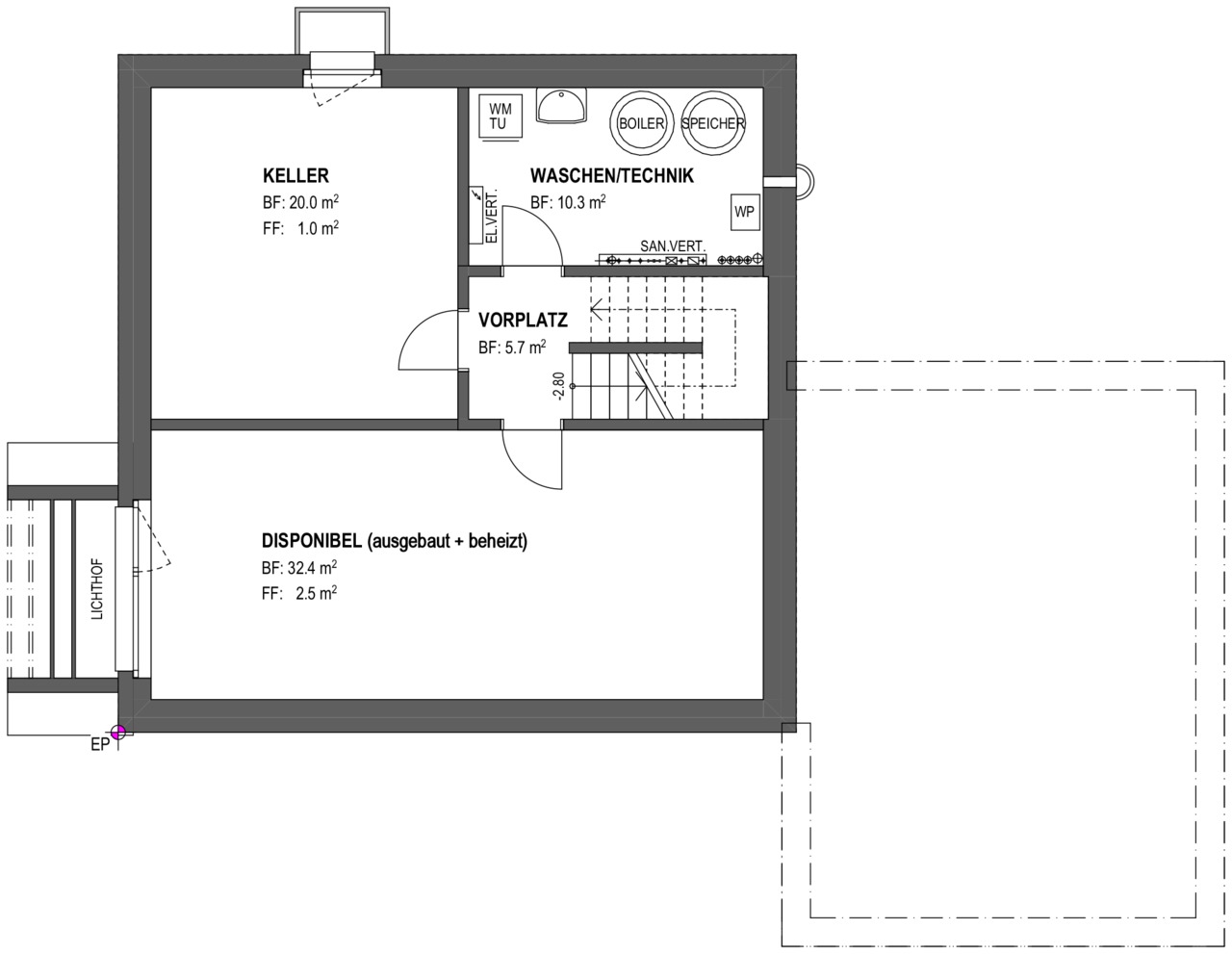Untergeschoss mit Disponibelraum Untergeschoss mit Disponibelraum