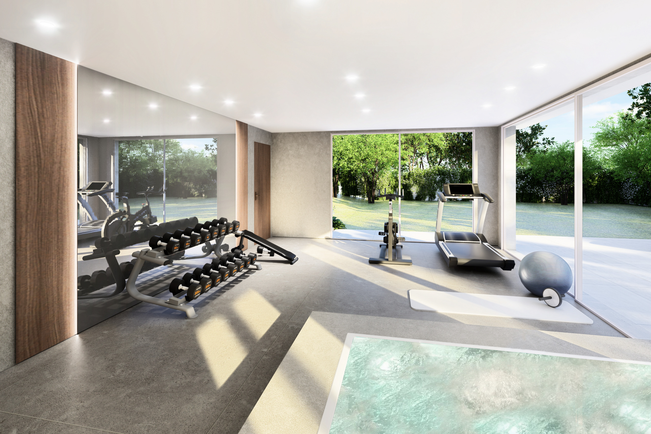 cette maison moderne dispose d'une salle de sport et d'une grande piscine