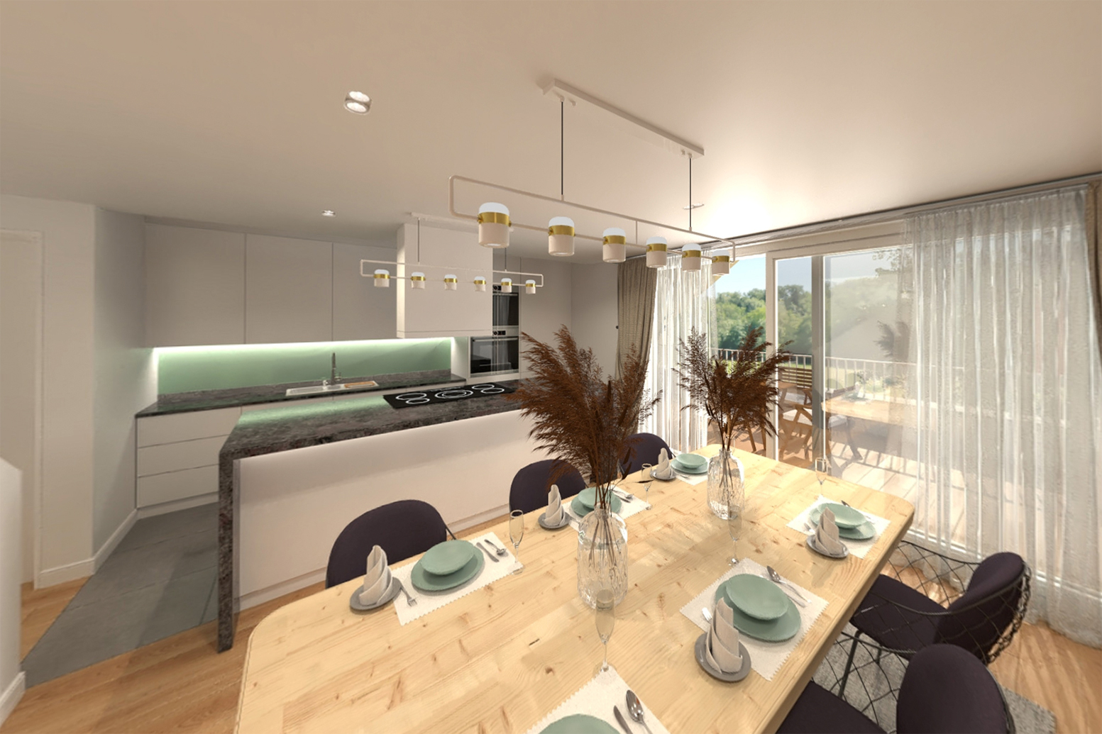 Geräumige und offene Musterküche mit angrenzendem Balkon. Geräumige und offene Musterküche mit angrenzendem Balkon.