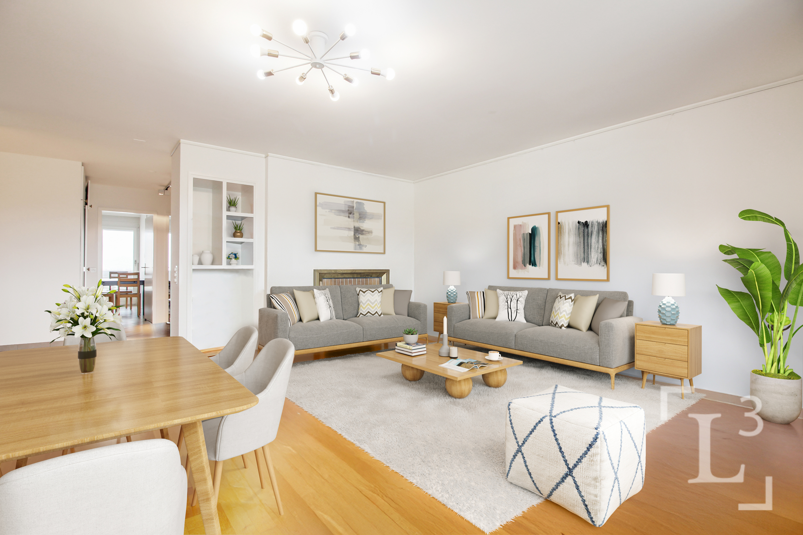 Home staging : Séjour/salle à manger avec cheminée