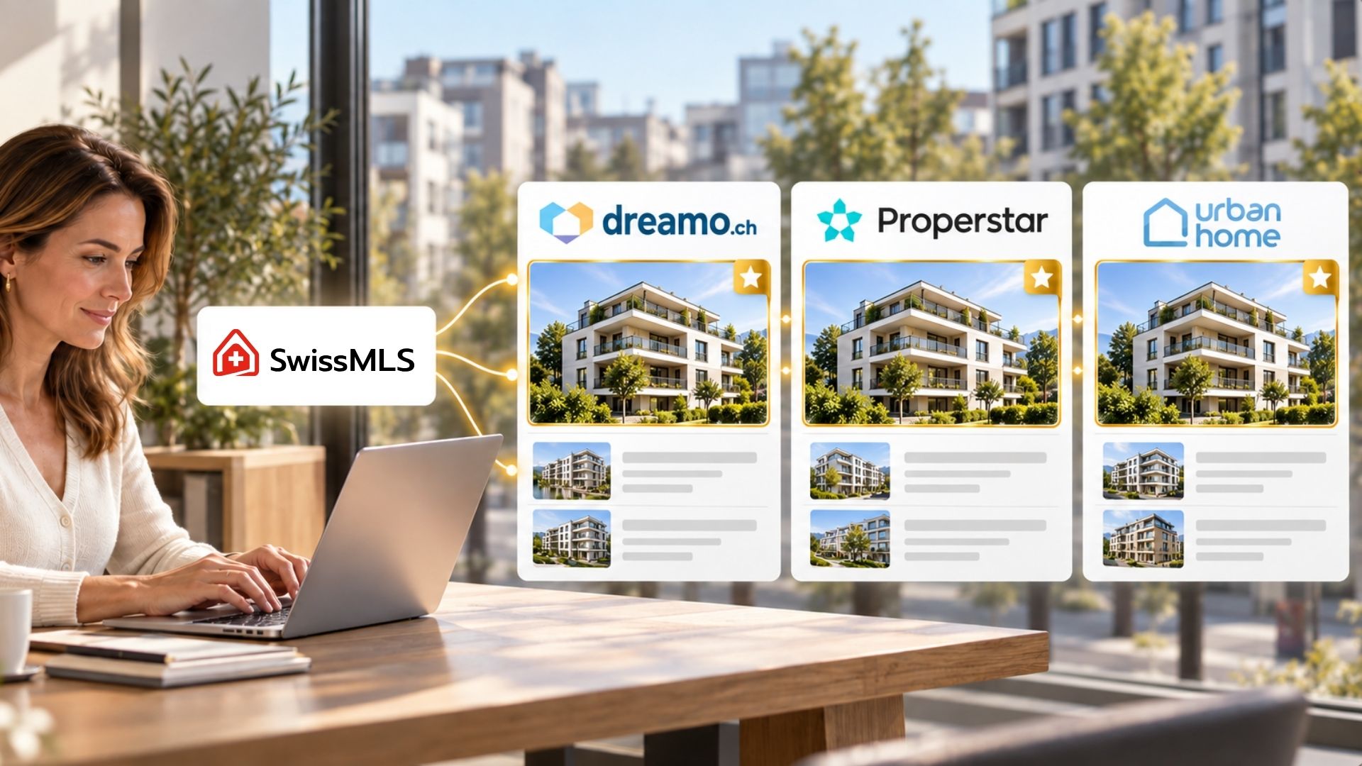 Une professionnelle sur ordinateur, à côté de trois annonces encadrées d’or sur dreamo.ch, properstar.ch et urbanhome.ch, illustrant le Top Listing Elite SwissMLS.