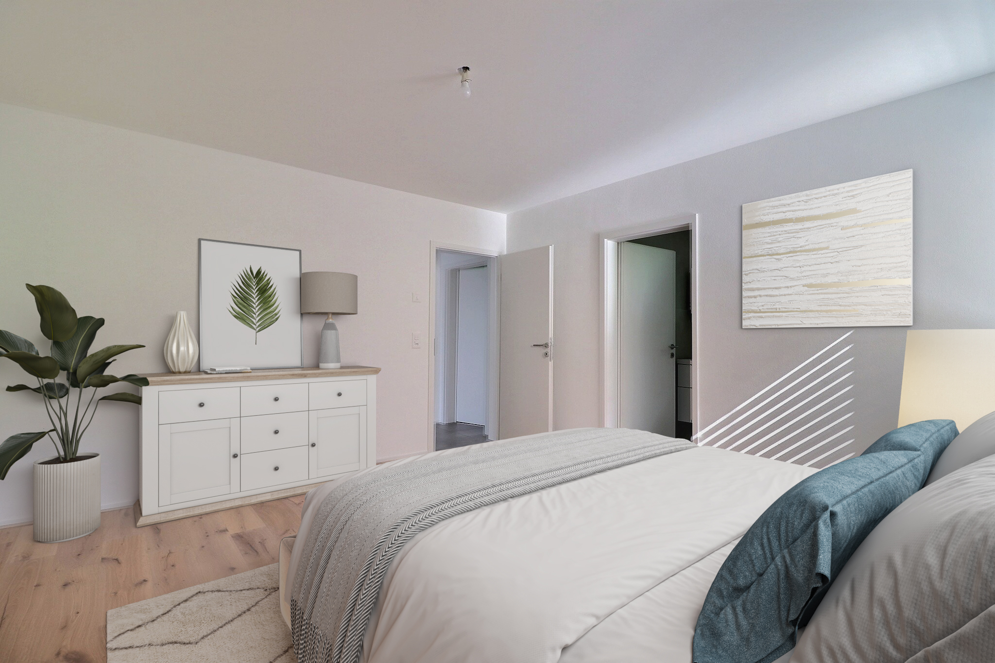 Simulation d'ameublement de la chambre à coucher avec salle de bain privative