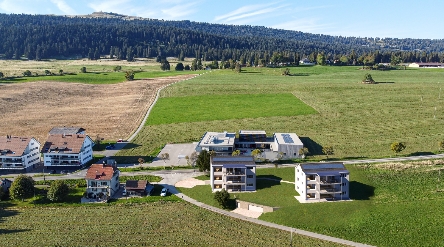 Vue aérienne des bâtiments (image de synthèse)