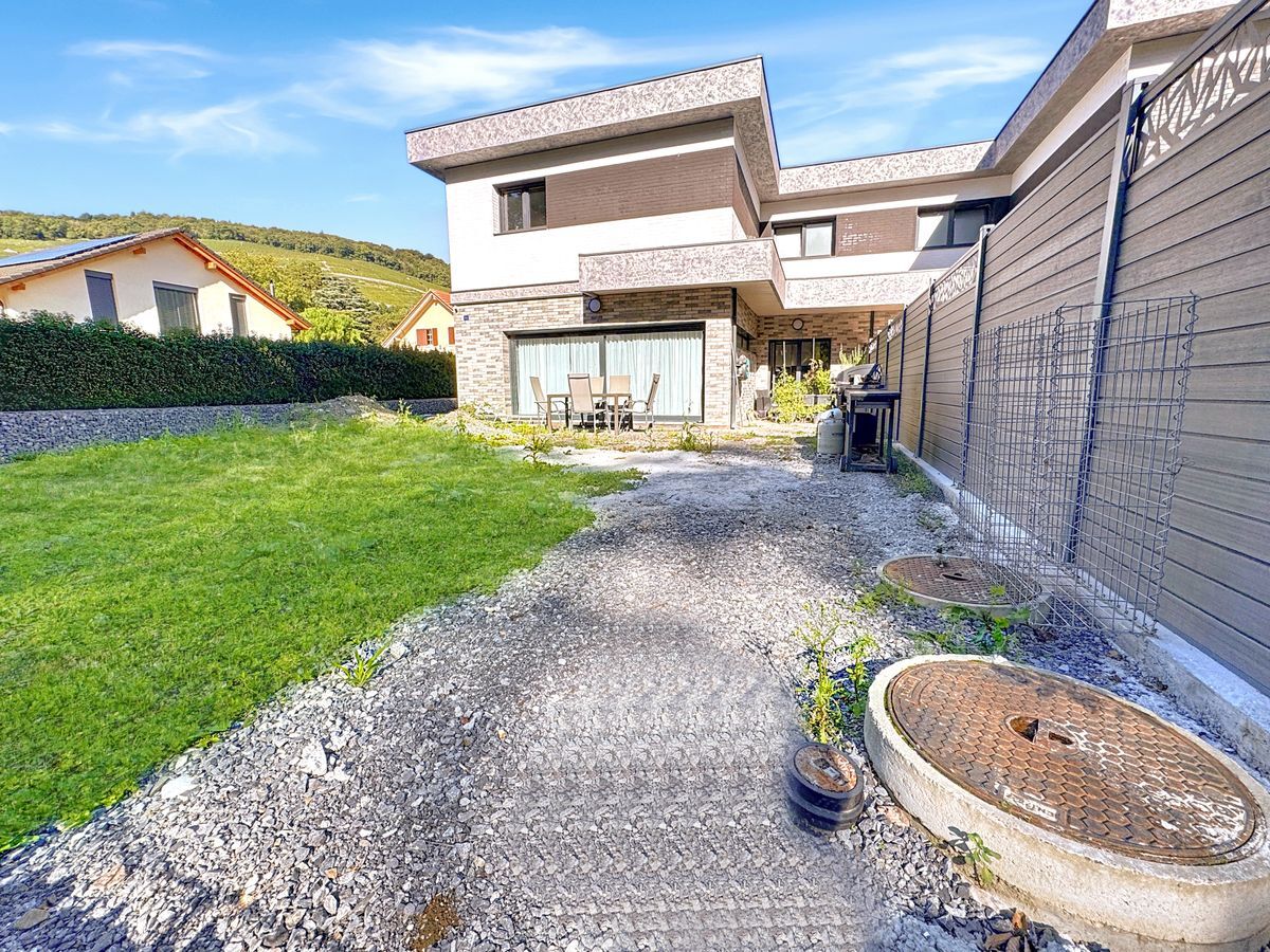 Espace extérieur avec pelouse et terrasse aménageable.