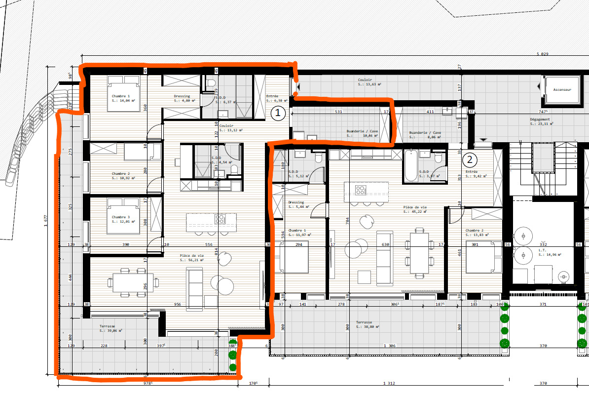 plan de l'appartement 4,5 pièces Sud-Ouest, au rez-supérieur (en rouge) plan de l'appartement 4,5 pièces Sud-Ouest, au rez-supérieur (en rouge)