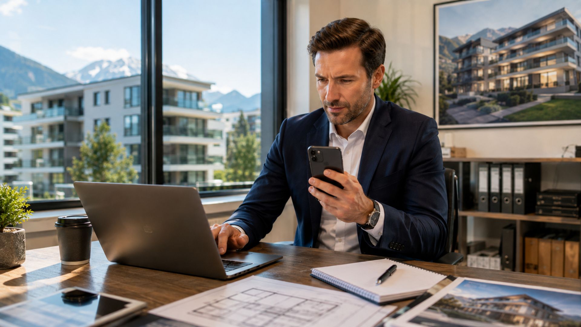 Agent immobilier consultant un lead sur son smartphone dans une agence immobilière en Suisse