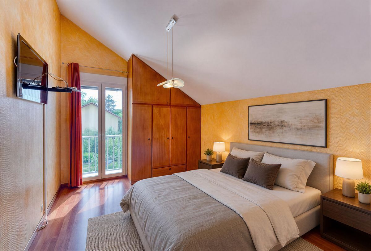 Chambre avec lit double, armoire et balcon.Image de synthèse. Chambre avec lit double, armoire et balcon.Image de synthèse.