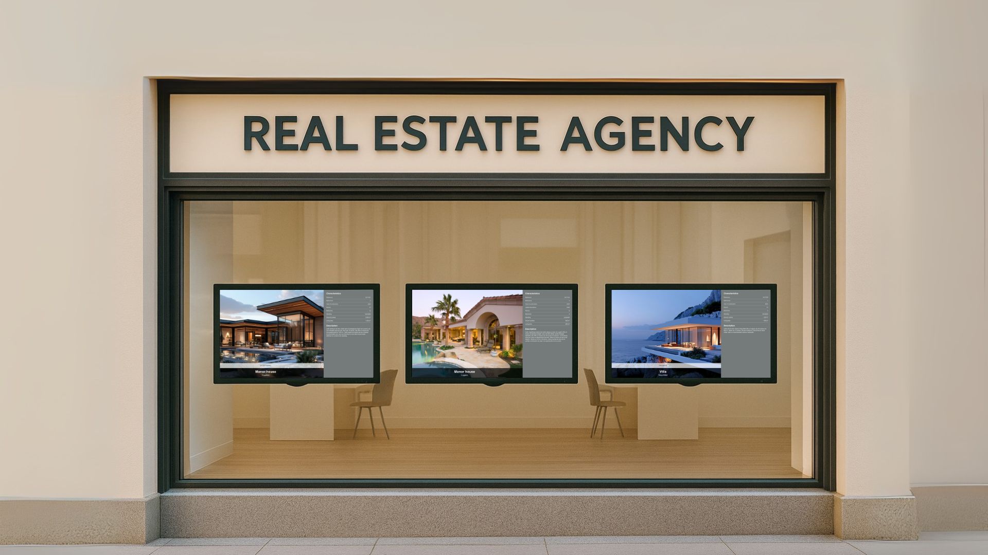 Real estate agency storefront with digital screens displaying property listings, illustrating digital property advertising for real estate professionals.