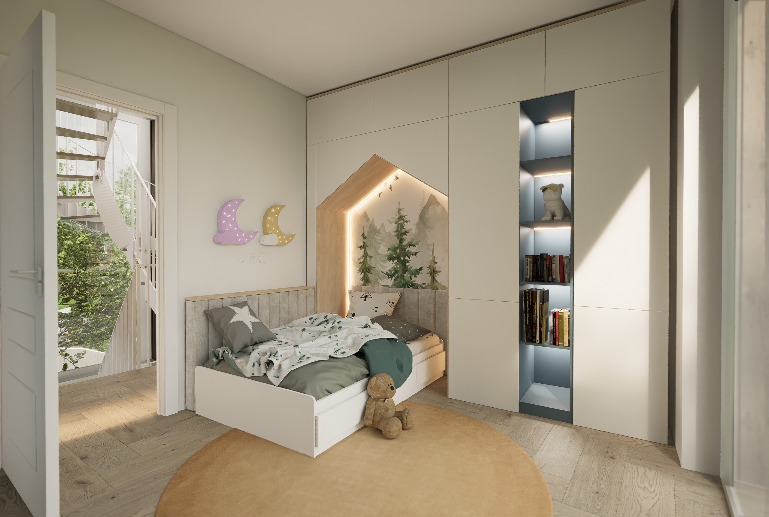 une petite chambre avec un lit blanc dans un appartement