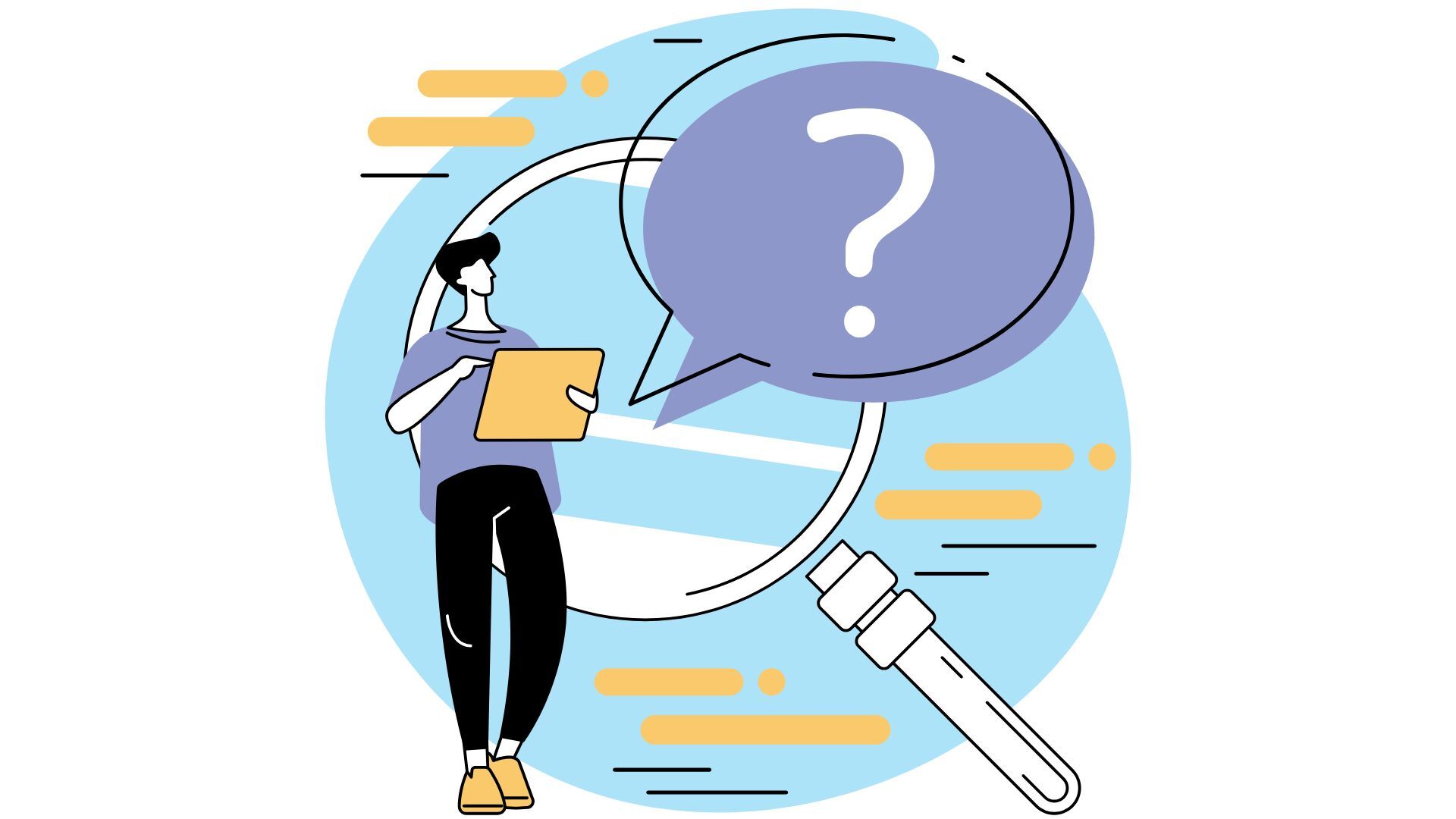 Illustration eines Mannes, der sich über die Nützlichkeit des Betreibungsregisterauszugs für die Erstellung eines vollständigen Mietersuchdossiers Gedanken macht