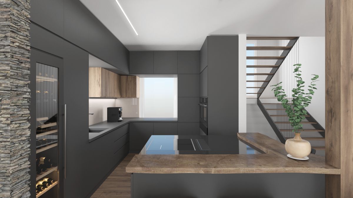 Moderne Küche mit Einbaugeräten und Holzdetails.