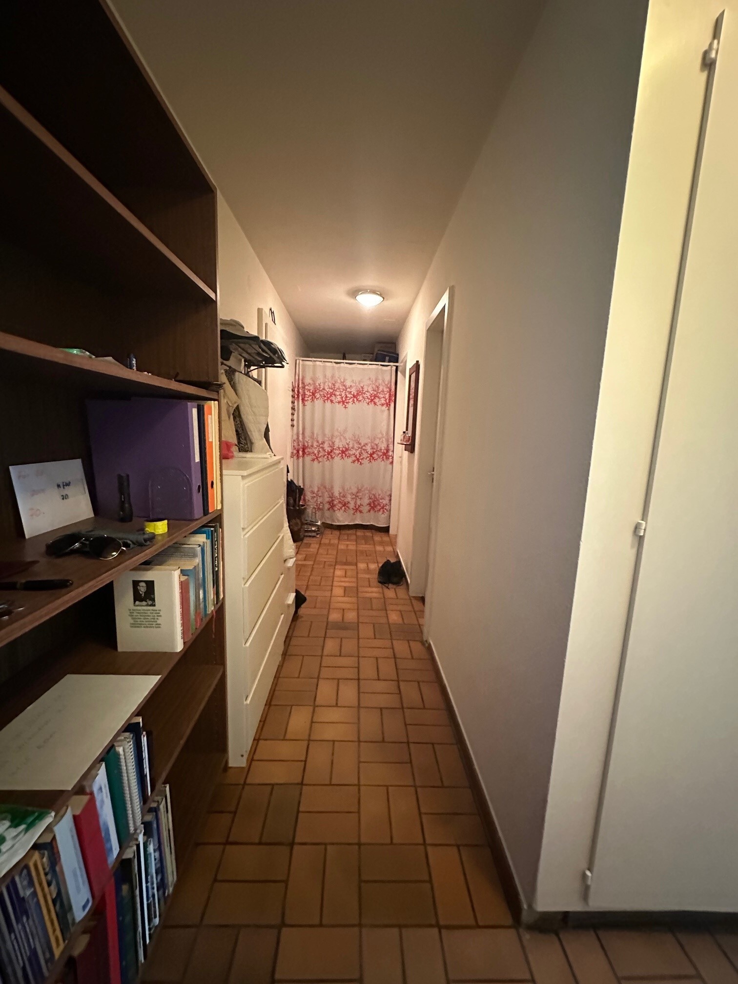 a long narrow hallway with a door to another room and a bookshelf on the floor